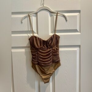 Lovers + Friends Tan Ruched Bodysuit